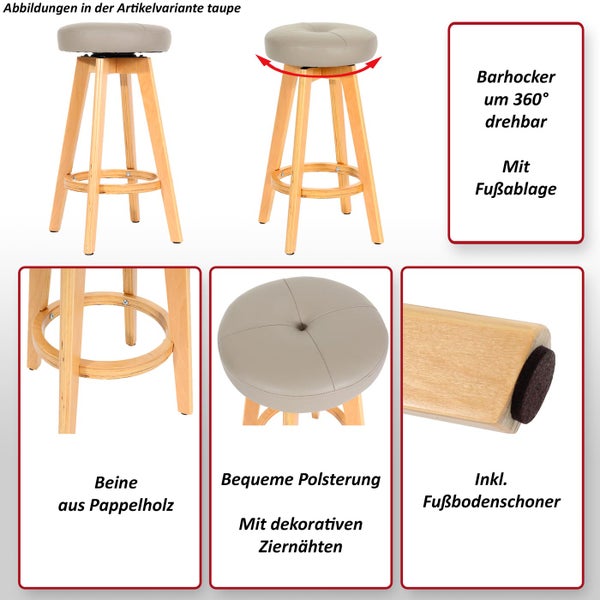 Barhocker mit drehbarem Sitz, Fußstütze, Pappelholzbeinen, Polsterung und Bodenschonern