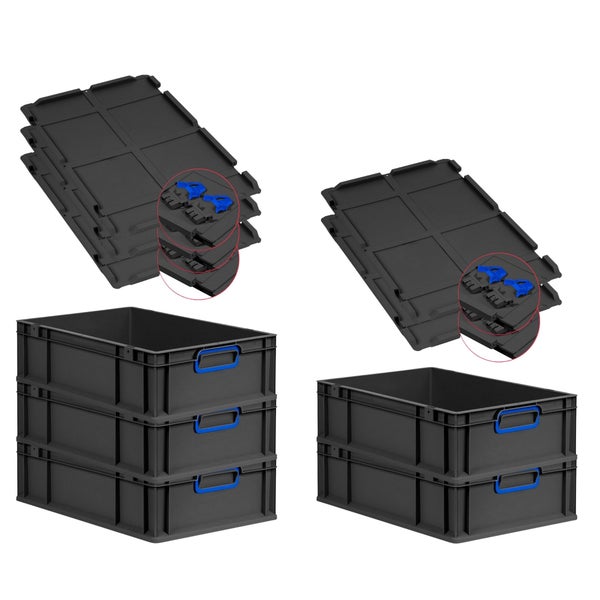 PROREGAL SuperSparSet 5x Eurobox NextGen Color mit Scharnierdeckel und Schiebeschnappverschlüssen, HxBxT 17x40x60cm, 34 Liter, Schwarz, Griffe blau geschlossen, Eurobehälter, Transportbox, Transportbehälter, Stapelbehälter