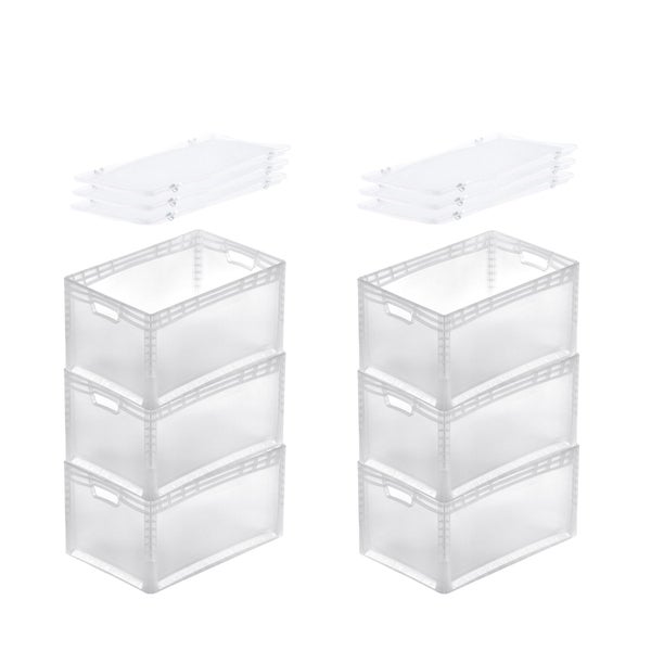 PROREGAL SuperSparSet 6x Transparenter Eurobehälter LightLine mit Offenem Griff und Auflagedeckel  HxBxT 32 x 40 x 60 cm 66 Liter Eurobox