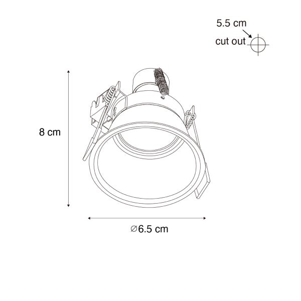 Technische Zeichnung eines Einbaustrahlers mit Maßen: Höhe 8 Zentimeter, Durchmesser 6,5 Zentimeter und Lochausschnitt 5,5 Zentimeter.