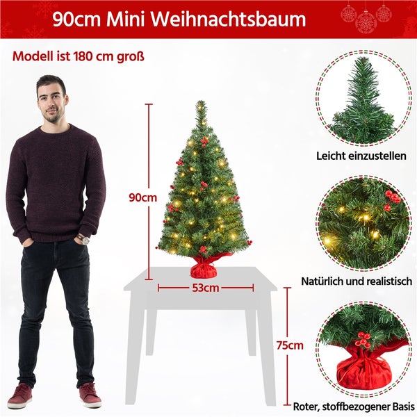 90 Zentimeter Mini Weihnachtsbaum mit Dekoration auf einem Tisch