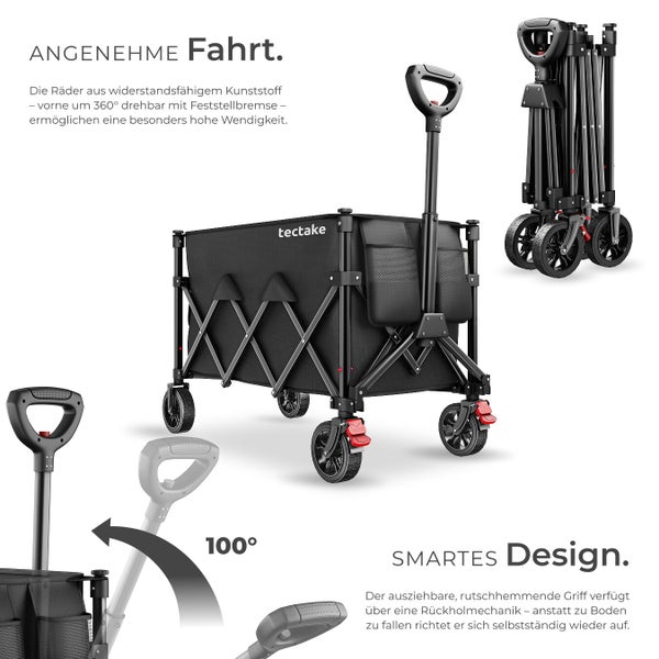 Bollerwagen von tectake in aufgebautem und zusammengeklapptem Zustand