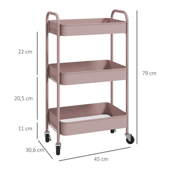 Rollwagen aus Metall in Rosa mit drei Ebenen und Rollen. Maße: 79 Zentimeter hoch, 45 Zentimeter breit, 30,6 Zentimeter tief.