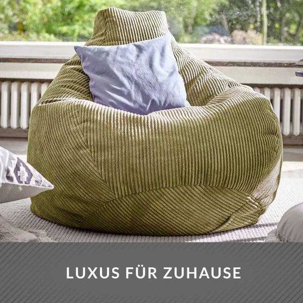 Green Bean Sitzsack mit Rückenlehne 80x80x90cm - Gaming Chair mit 230L Füllung Cordstoff - Bean Bag Bodenkissen Lounge Sitzhocker Relax-Sessel Gamer Gamingstuhl Grün