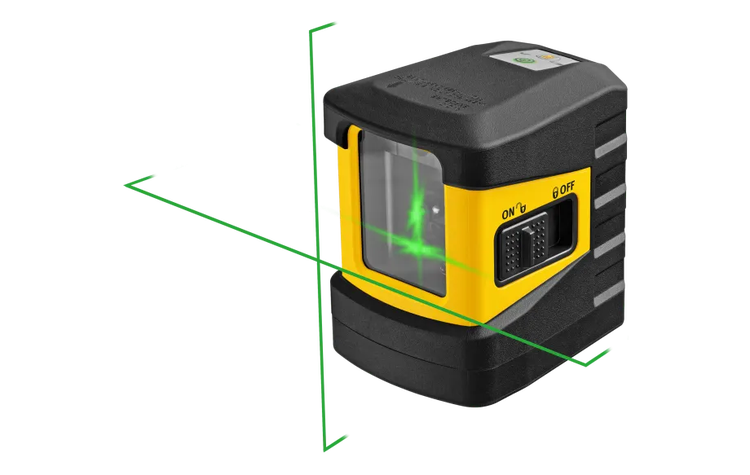 Selbstnivellierender Kreuzlinienlaser mit grünen Laserlinien, robustem Gehäuse und Ein-Aus-Schalter.