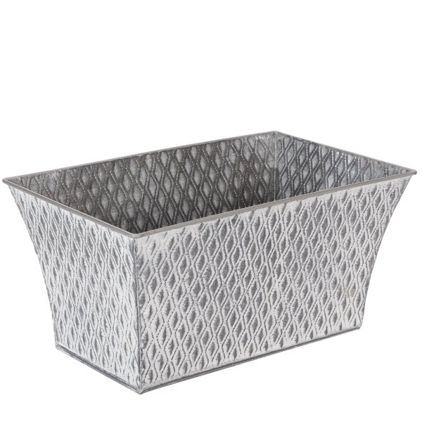 Rechteckiger grauer Übertopf aus Metall mit dekorativem Rautenmuster.