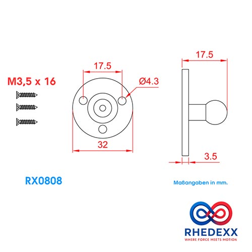 Maßzeichnung für Magnetverschluss RX0808 mit Angaben in Millimeter, inklusive drei Schrauben M 3,5 mal 16 und Rhedexx Logo.