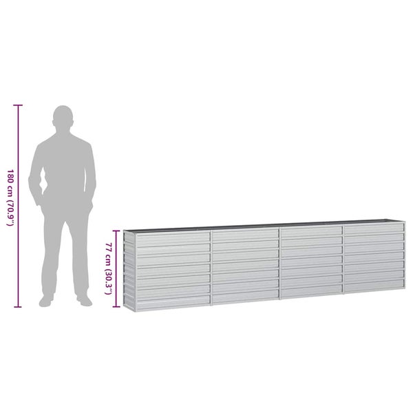 Langes Hochbeet aus verzinktem Stahl mit einer Höhe von 77 Zentimetern im Größenvergleich zu einer 180 Zentimeter großen Person.