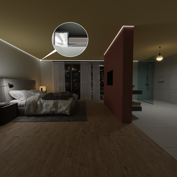 Schlafzimmer mit indirekter Beleuchtung und angrenzendem Badezimmer