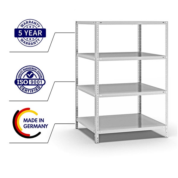 PROREGAL Fachbodenregal Schraubsystem Light-Duty Grundregal HxBxT 150 x 100 x 80 cm 4 Ebenen Fachlast 125 kg Beidseitig Nutzbar Lichtgrau
