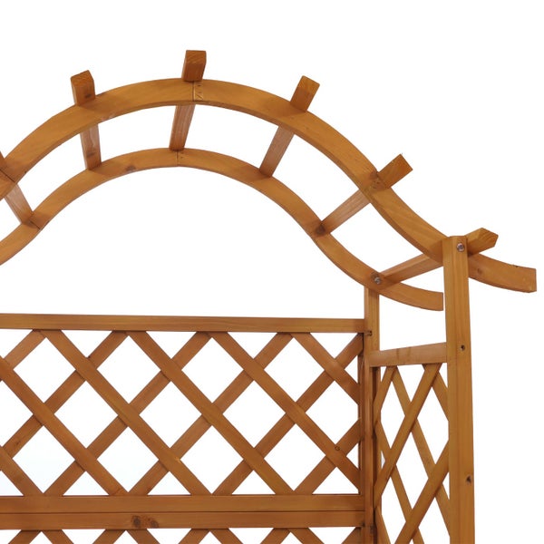 Pflanzkasten mit Rankgitter und Rundbogen aus braunem Holz für Kletterpflanzen.