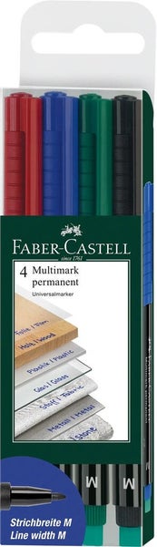 Vier Faber-Castell Multimark Permanent Universalmarker im Set mit Strichbreite M für verschiedene Oberflächen