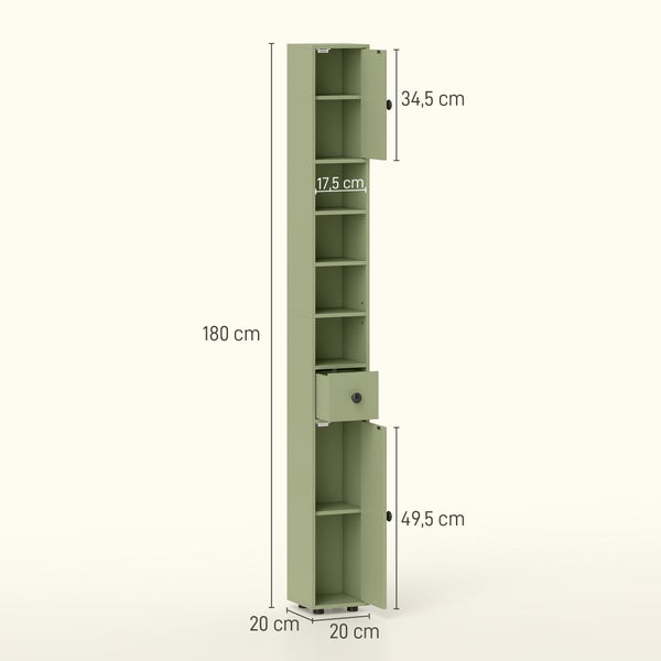 Schmaler Hochschrank mit Maßen: Höhe 180 Zentimeter, Breite 20 Zentimeter, Tiefe 20 Zentimeter. Mit offenen Fächern, einer Schublade und zwei Türen.