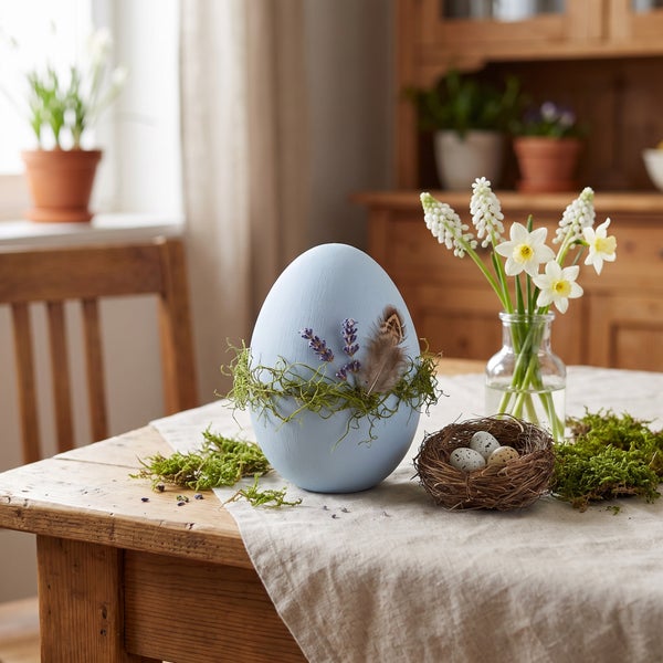 Osterdekoration mit einem großen Ei, geschmückt mit Moos, Lavendel und einer Feder, neben einem kleinen Vogelnest und Frühlingsblumen auf dem Tisch.