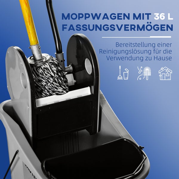 HOMCOM Reinigungswagen 36 Liter Fahreimer Putzeimer Wischwagen mit Auswringvorrichtung, Grau, 54 x 41 x 91,5 cm