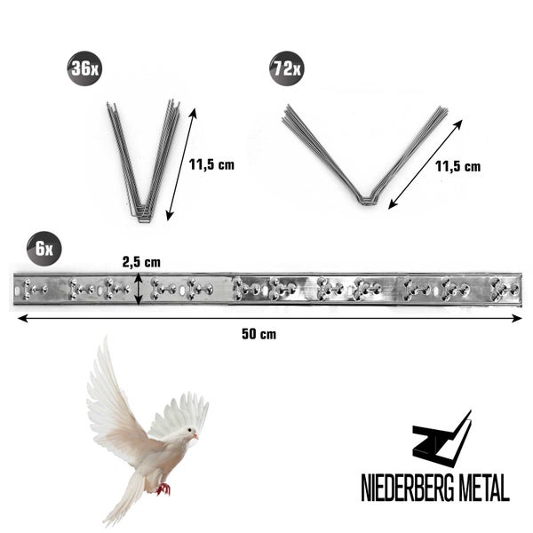 NIEDERBERG METALL Taubenabwehr Spikes Edelstahl - 300cm Tauben Abwehrleiste mit 108 Vogel Abwehr Spikes - Taubenabwehr Balkon Vogelabwehr für Dachbalken - Vogelschutz Dach Solaranlage Photovoltaik