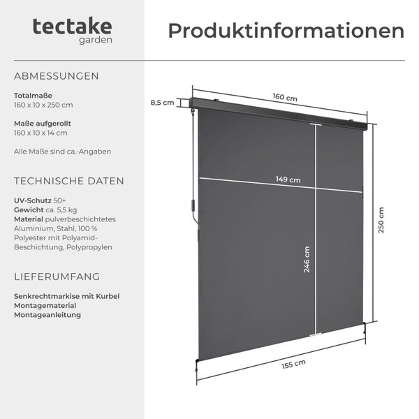 Senkrechtmarkise tectake Eloise inkl. Wandhaltern verschiedene Größen schwarz