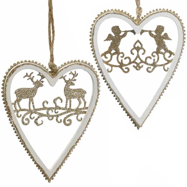 Zwei herzförmige Christbaumanhänger mit Hirsch- und Engelmotiven