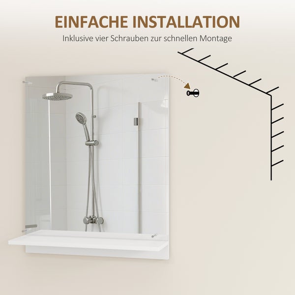 Badezimmerspiegel mit Ablage inklusive vier Schrauben zur einfachen Wandmontage.