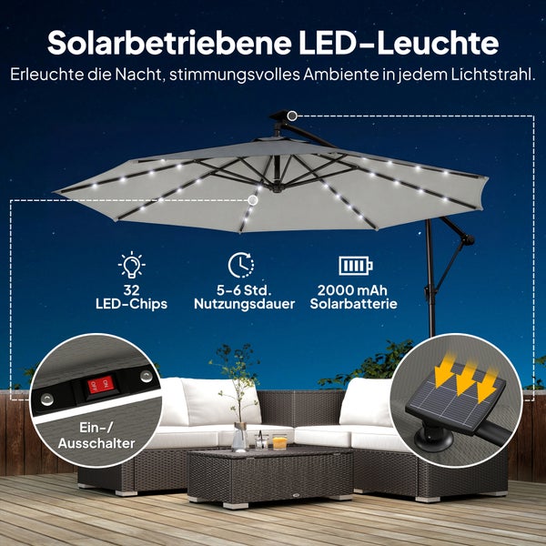 Solarbetriebener Ampelschirm mit 32 LED-Chips, Solarpanel und Ein-Ausschalter über einer modernen Gartenlounge bei Nacht.