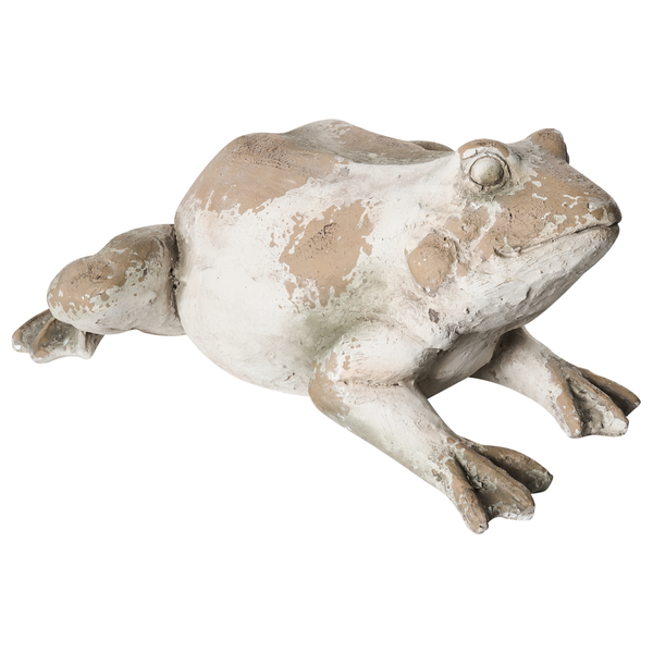 Gartenfigur Frosch aus Stein in Beige mit verwitterter Oberfläche.
