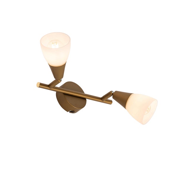Zweiflammige Wandleuchte aus Metall in Bronze mit verstellbaren Strahlern und weißem Glas.