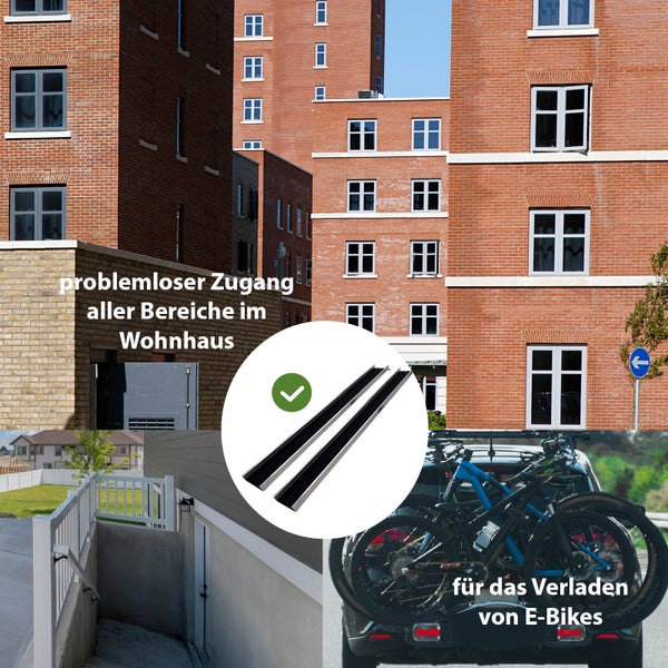 Set aus zwei Auffahrschienen für den barrierefreien Zugang und das einfache Verladen von Elektrofahrrädern an Treppen oder Fahrzeugen.