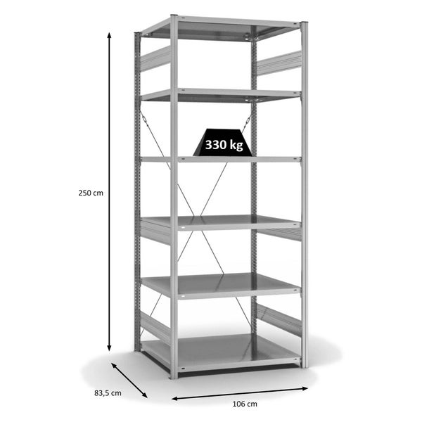 PROREGAL Fachbodenregal Stecksystem T-Profil Heavy-Duty Grundregal HxBxT 250 x 100 x 80 cm 6 Ebenen Fachlast 330 kg Einseitig Nutzbar Verzinkt