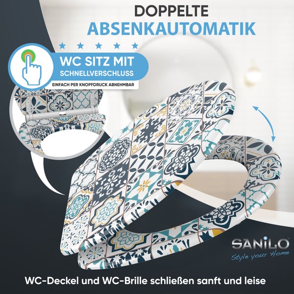 Sanilo WC-Sitz mit Mosaikmuster, doppelter Absenkautomatik und per Knopfdruck abnehmbarem Schnellverschluss.