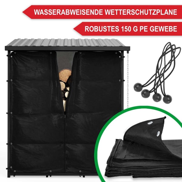 Wasserabweisende Wetterschutzplane mit Ösen aus 150 Gramm Polyethylen-Gewebe für Kaminholzregale, inklusive Gummispanner mit Kugel.