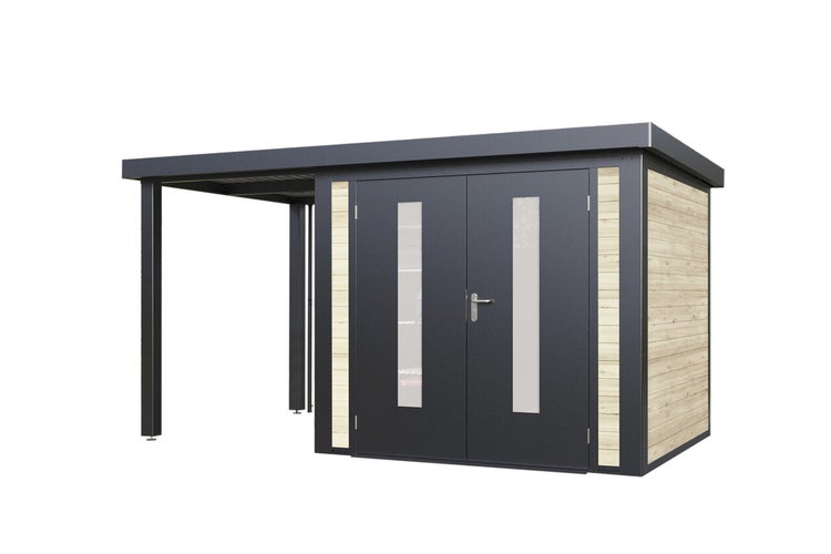 Modernes Gartenhaus mit integriertem Schleppdach und Doppeltür mit Lichtausschnitten aus Metall und Holz.