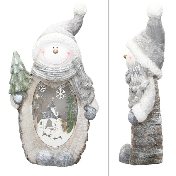 ECD Germany Schneemann Figur mit LED Beleuchtung 53 cm Warmweiß Weiß mit grauem Hut und Schal, Holzoptik, Batteriebetrieben, für Innen, LED-Weihnachtsdeko Weihnachtsfigur Weihnachten Tischdeko