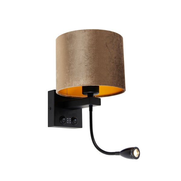 Wandleuchte Schwarz mit braunem Samt-Schirm 18cm - Brescia