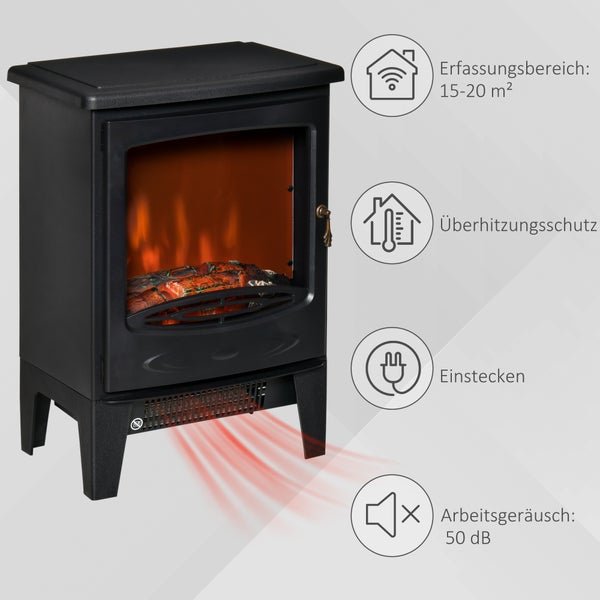 Freistehender elektrischer Kamin mit Überhitzungsschutz, einer Heizleistung für 15 bis 20 Quadratmeter und einem Betriebsgeräusch von 50 Dezibel.