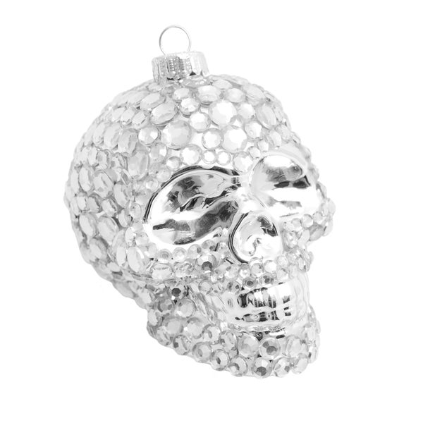 Glasornament Sub Culture Xmas, Totenkopf Silber mit Strasssteinen, 10cm, 1 Stck.