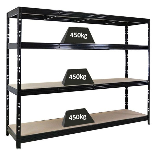 PROREGAL Profi Schwerlastregal Rhino, HxBxT 180x240x60cm, 4 Spanplatten-Ebenen 8mm, Fachlast 450kg, Schwarz