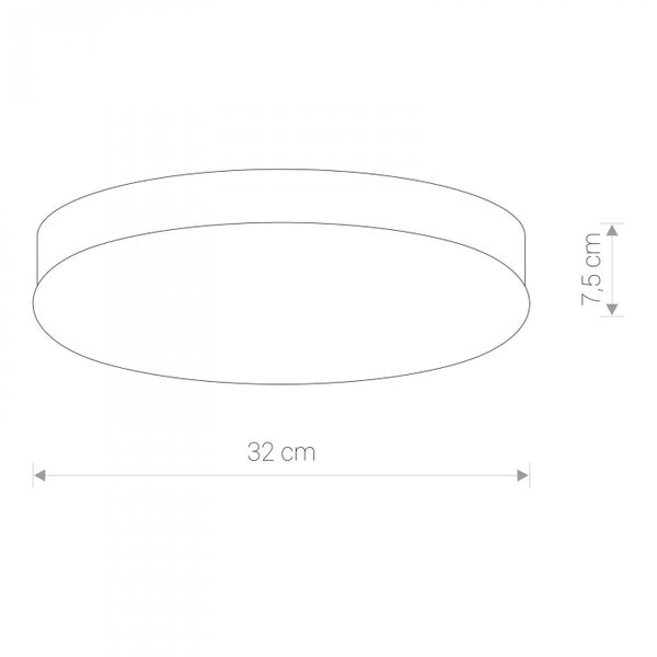 Skizze einer Deckenleuchte mit den Maßen 32 Zentimeter Durchmesser und 7,5 Zentimeter Höhe.