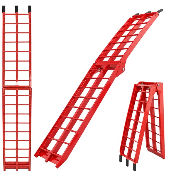 Klappbare Auffahrrampe aus Metall in Rot, dargestellt in ausgeklappter, angewinkelter und zusammengeklappter Position.