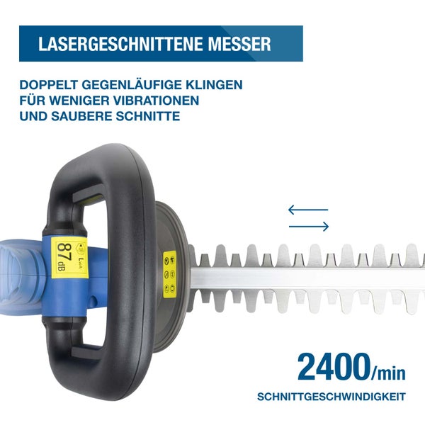 Heckenschere mit 55 Zentimeter Klingenlänge, 51 Zentimeter Schnittlänge und 20 Millimeter maximalem Schnittdurchmesser.