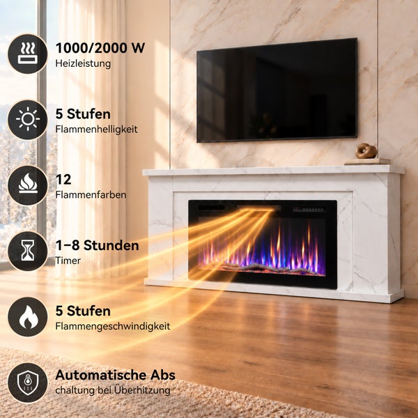 Elektrischer Kamin mit Marmoroptik und verschiedenen Einstellungsmöglichkeiten für Heizleistung, Flammeneffekt und Zeitschaltuhr im Wohnraum.