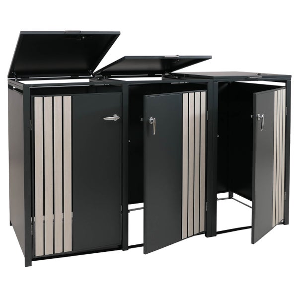 Mülltonnenbox für drei Mülltonnen mit Latten und Öffnungsmechanismus