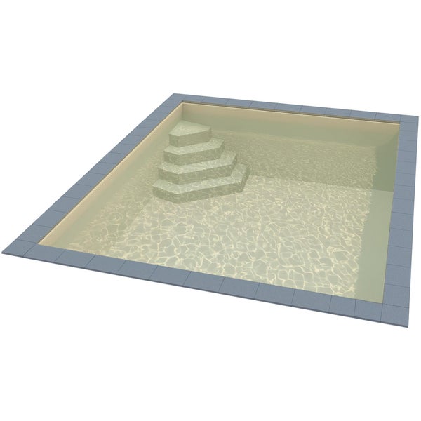 Quadratisches Schwimmbecken mit integrierter Ecktreppe und Randplatten.