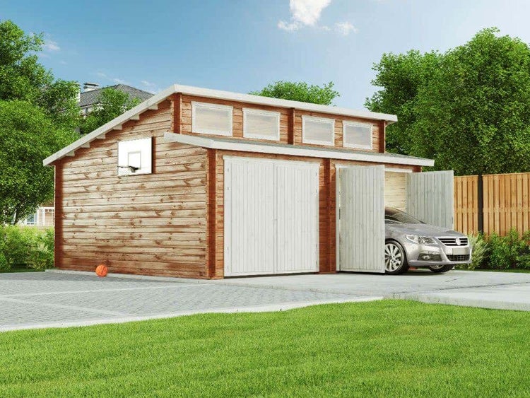 Alpholz Doppelgarage Sandvig 44 ISO Garage aus Holz, Unterstellplatz mit 44 mm Wandstärke, Fertiggarage mit Montagematerial, Naturbelassen 5,9x5,4m