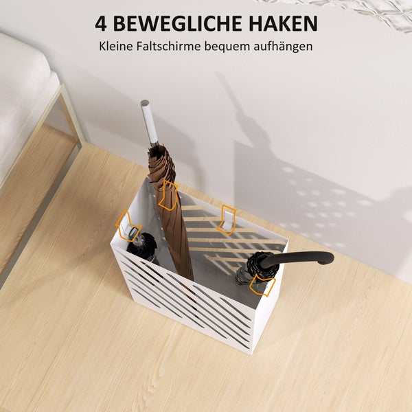 Weißer Schirmständer mit diagonalen Schlitzen und 4 beweglichen Haken zum Aufhängen von kleinen Taschenschirmen.