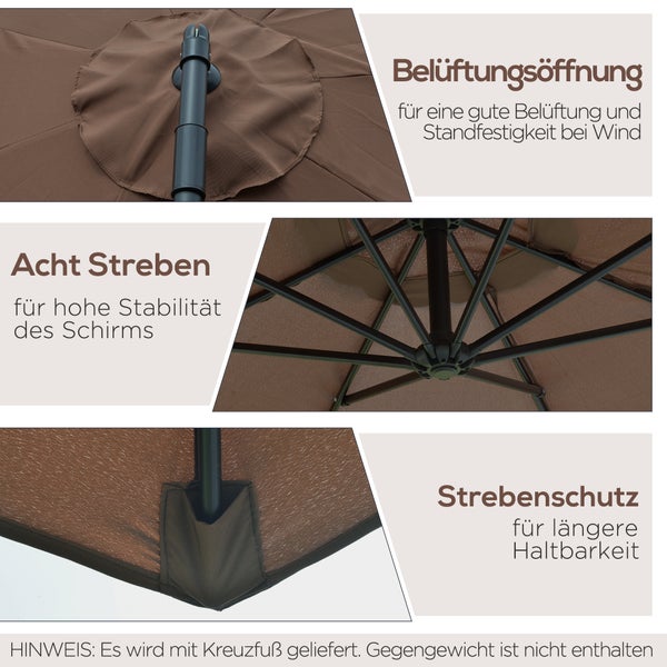 Outsunny Sonnenschirm Ampelschirm Kurbelschirm mit Handkurbel Rund, Stahlbogenstäbe und Stahl-Stehstäbe, Polyestergewebe, Kaffee, Ø3 x 2,5H m