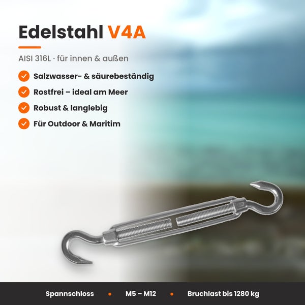 Spannschloss aus Edelstahl V4A, säurebeständig und rostfrei für den Innen- und Außenbereich, geeignet für maritime Anwendungen.