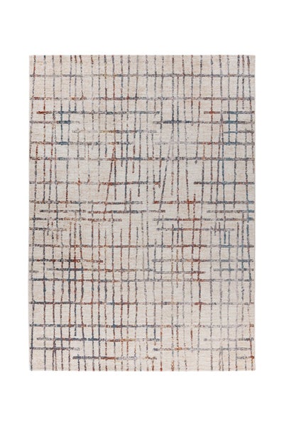 Rechteckiger Teppich mit abstraktem Gittermuster aus feinen blauen und terracottafarbenen Linien auf hellem Untergrund.