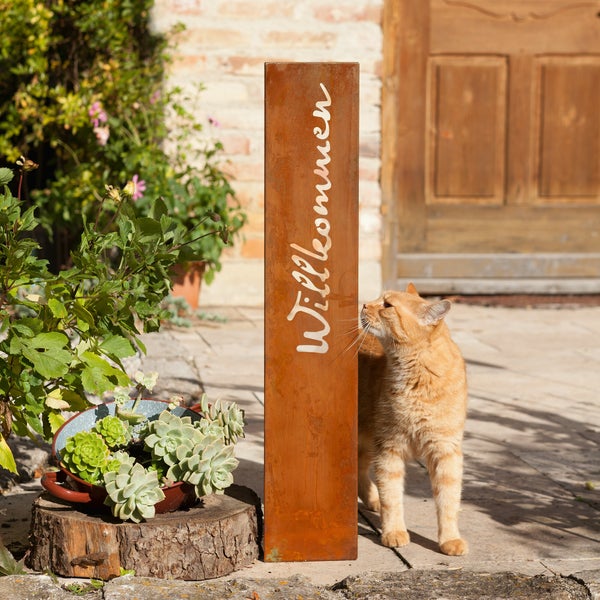 FRANK FLECHTWAREN | Standschild Willkommen, METALL, Schild 14 x 75 cm, Standfuß Tiefe 15 cm