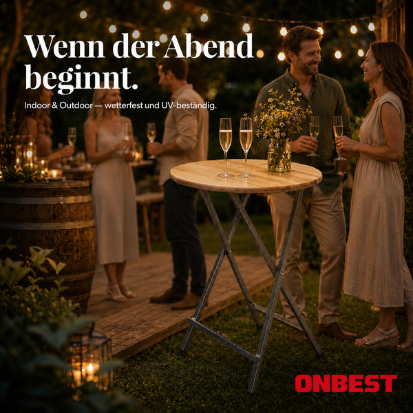 Runder Stehtisch aus Holz mit Metallgestell bei einer abendlichen Gartenparty mit Personen und Lichterketten. ONBEST Logo.
