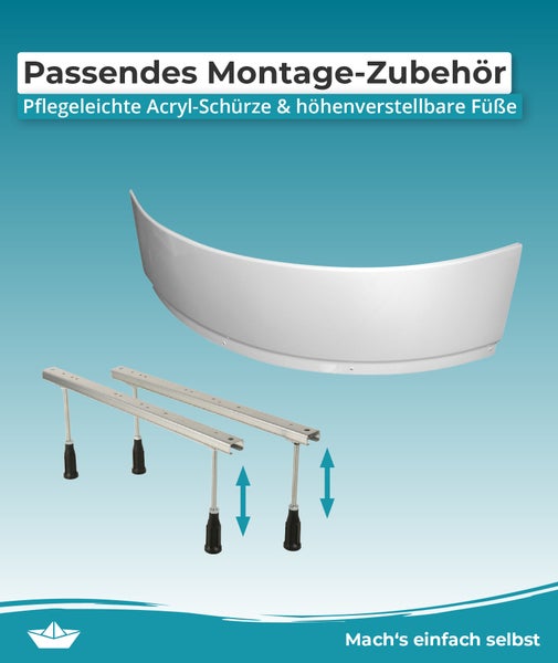 Montagezubehör für Badewannen bestehend aus einer gebogenen Acrylschürze und zwei höhenverstellbaren Standfüßen.